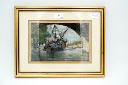 null Alexandre NOZAL (1852-1929), bateau sous un pont, pastel sur papier signé en...