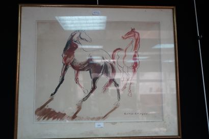 null Louis LEYGUE (1905-1992), Etude de chevaux, dessin à l'encre et aquarelle, signé...