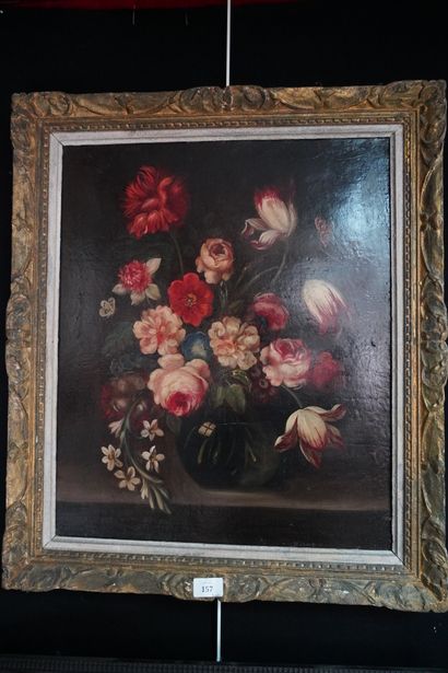 null Ecole du XIXe siècle, bouquet de fleurs dans le goût du XVIIe siècle, huile...