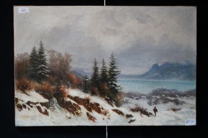 null Suiveur de Gabriel LOPPE (1825-1913), paysage de neige, huile sur toile, porte...