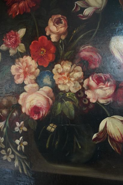null Ecole du XIXe siècle, bouquet de fleurs dans le goût du XVIIe siècle, huile...