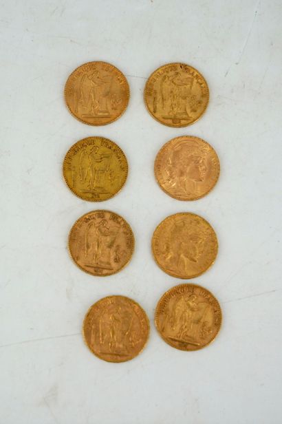 null Huit pièces de 20 francs or, 1848, 1871, 1875, 1878, 1897, 1898, 1907, 1911....