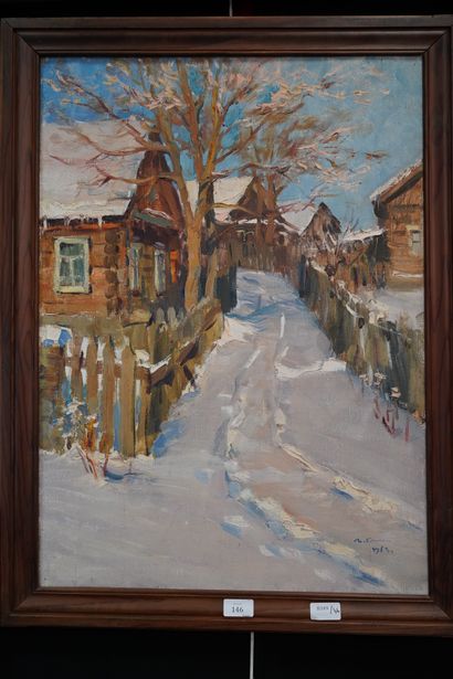 null Ivan PENTESCHINE (1927), Février, village sous la neige, huile sur toile, signée...