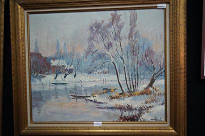 null HUET (XXe siècle) Paysage aux nymphéas et paysage de neige. Deux huiles sur...