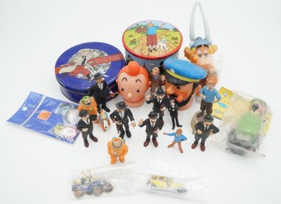 null Tintin réunion d'objets publicitaires et produits dérivés : 1 boîte à bonbons...