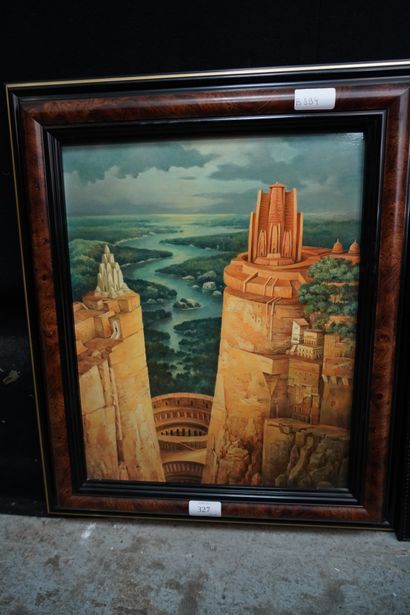 null Deux reproductions sur panneau encadrées figurant la tour de Babel et une falaise,...