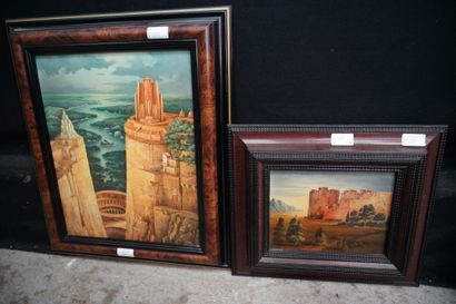 null Deux reproductions sur panneau encadrées figurant la tour de Babel et une falaise,...