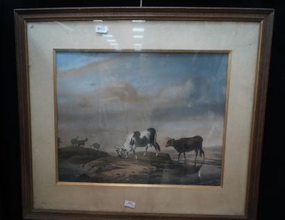 null Troupeaux à l'étang, aquarelle sur papier, fin XIXe siècle.