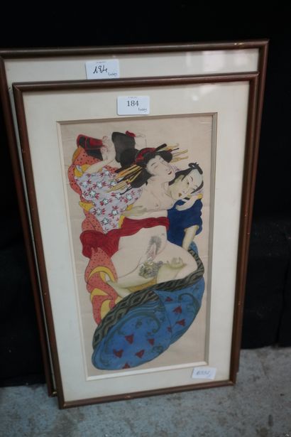 null JAPON, paire d'aquarelles érotiques sur soie. XXe siècle.
