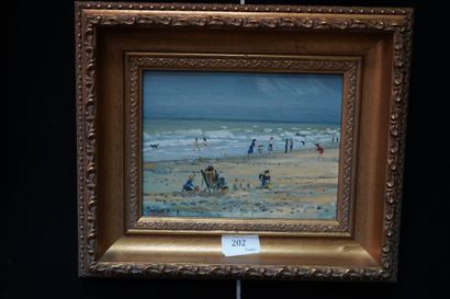 null Robert KING, scène animée sur la plage, huile sur panneau, signée en bas à gauche....