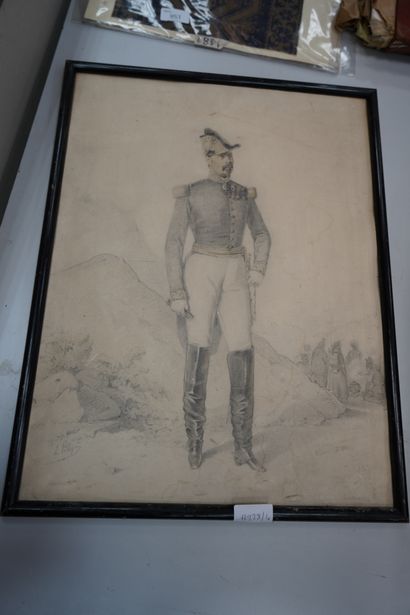 null Ecole de la fin du XIXe siècle, dessin figurant un soldat, signé Pellegray ;...