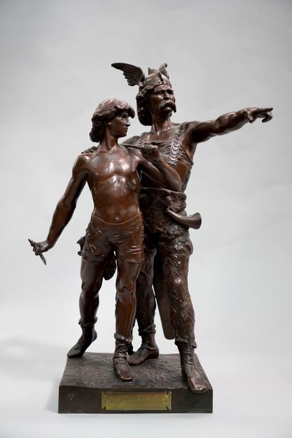 null 
EMILE LAPORTE (1858-1907) - Vercingetorix - 青铜雕塑，带有金属光泽，在露台上签名，编号为2165。- 带有...