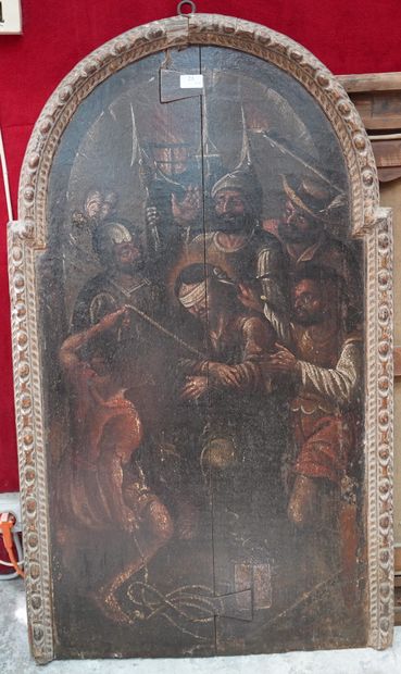 17世纪西班牙学校 - Ecce Homo - 由两个元素组成的雕花框架的面板。...