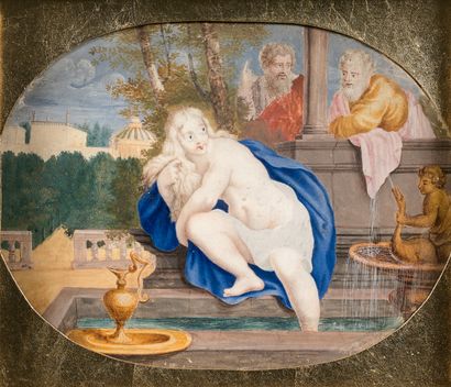 null 法国ECOLE CIRCUS 1700 - Susanna and the Elders - 纸上水粉画，贴在面板上。- 16,8 x 22,9 厘米。-...