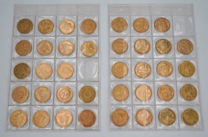 null 
三十八枚20法郎金币重聚：1807, 1851, 1854, 1855, 1856, 1857, 1859（x2）, 1889, 1896, 1897,...