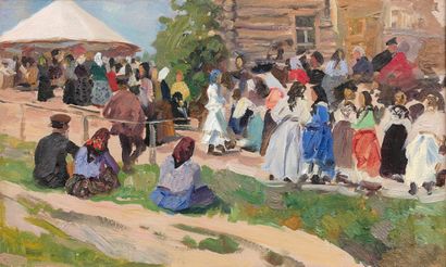 null VYACHESLAV PAVLOVICH BYCHKOV (1877-1954) - Landscape with people - Oil on isorel...
