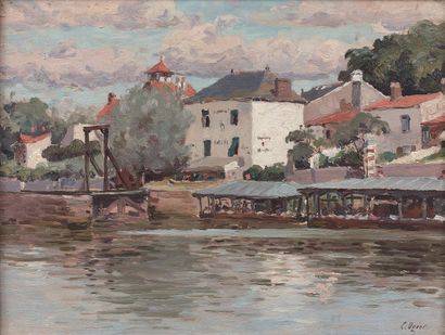 null CHARLES JEAN OGIER (1856-?) - Vertou, Sèvre河上的村庄，1892年7月 - 面板油画，右下方有签名，位于背面...