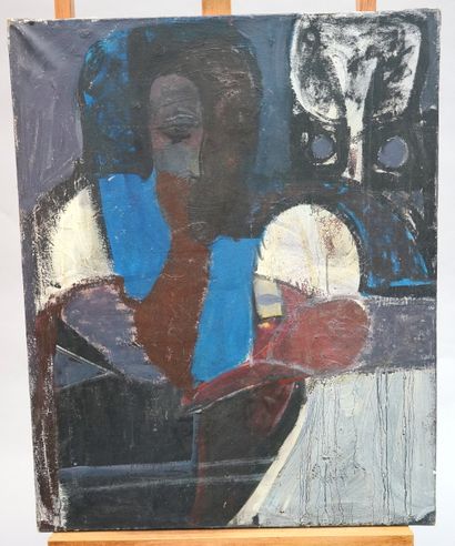 null ANDRÉ QUEFFURUS (1939-2017) - 一个女人的肖像 - 布上油画。 - 在背面，有两张描图纸和羊皮纸上的肖像画。- 64,5 x...