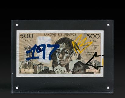 null 孔戈（生于1969年）--帕斯卡尔独特的作品n°197/1000-08519--纸币上的混合媒体，签名和编号。- 8.2 x 9.7厘米。- 该作品在...