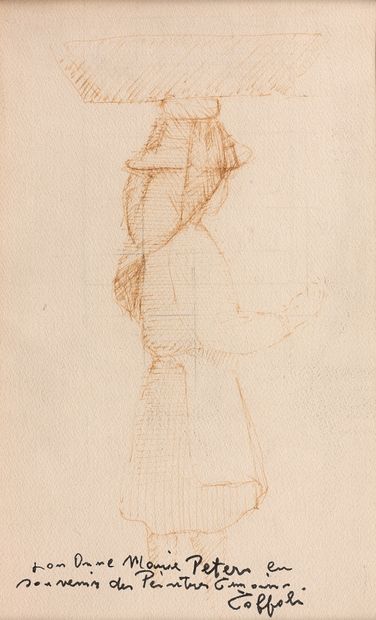 null 路易斯-托福利(1907-1999) - 头上提着篮子的女人 - 纸上水墨画，有瓦片的痕迹，底部有签名和献词："为了安妮-玛丽-彼得斯，为了纪念画作***"。-...
