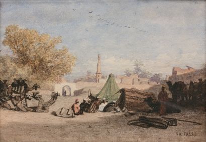 null THÉODORE FRERE (1814-1888) - 北非的营地 - 水彩画，右下角有签名。- 11 x 15厘米。