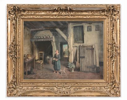 null LATEST CENTURY ECOLE - Interior of a thatched cottage - Oil on canvas. - 54...