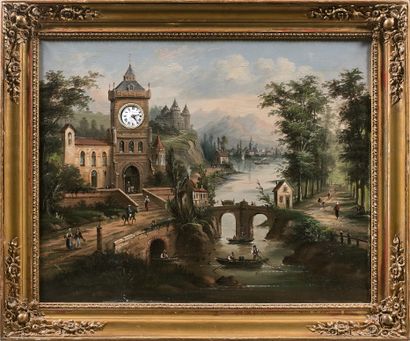 null 近代法国画家的钟表桌 - 山区大教堂脚下的河上桥 - 布面油画。 - 64 x 80厘米。- 珐琅表盘，显示小时和分钟，在巴黎签署了WURTEL。机芯上有...