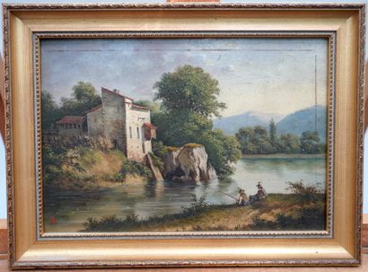 null 19世纪法国画家--有渔民的风景--板面油画，左下方有文字说明。- 26 x 18厘米。- 以前装裱过的痕迹，污渍，缺失。