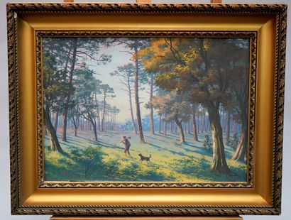 null JEAN-HENRI TAYAN (1855-1931) - 海边的松树 - 森林里的Bucheron和他的狗 - 两幅布面油画，右下和左下都有签名。-...
