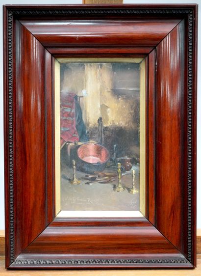 null SANTIAGO ARCOS Y MEGALDE (1865-1912) - 静物与盆和烛台，1909年 - 面板油画，右下角有签名和日期，献给 "le...
