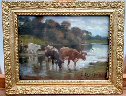null EDOUARD BERNARD DEBAT-PONSAN (1847-1913) - 牛在河里喝水 - 面板油画，素描，右下方有签名。- 15 x 2...