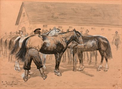 null 扬-佩尔兹尼斯基（1869-1902）--哥萨克人照料他们的坐骑--纸上水彩和水粉画，左下有签名。- 视线尺寸：25 x 34.5厘米。- 固定在一个...