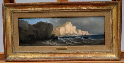null 19th CENTURY FRENCH ECOLE - Landscape with cliffs - Oil on panel. - 12 x 36...