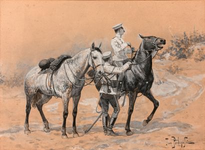 null 扬-佩尔兹尼斯基（1869-1902）--马背上的俄罗斯士兵--纸上水彩和水粉画，右下角有签名。- 视线尺寸：25 x 34.5厘米。- 固定在一个p...