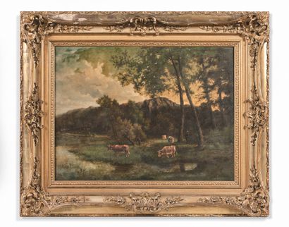 null CHARLES WARLAND (1856-1921) - 有牛的风景 - 布面油画，右下角有签名。- 60 x 91,5厘米。- 路易十五风格的框架，由木头和鎏金组成。它有一个标签：查尔斯-曼托（Charles...