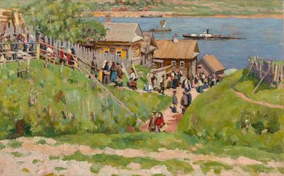 null VYACHESLAV PAVLOVICH BYCHKOV (1877-1954) - 有人物的风景 - 布面油画，右下方有签名。- 37 x 61厘米...
