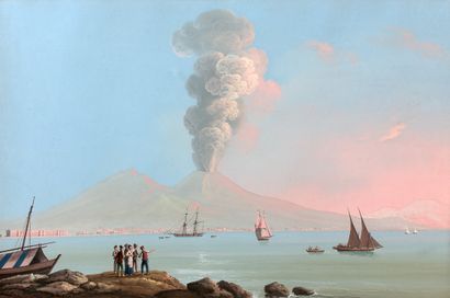 19世纪末的那不勒斯学校 - 那不勒斯湾的景色，维苏威火山爆发 - 两幅纸上水粉画。-...