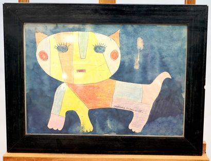 null JEANTIMIR KCHAOUDOFF (1941-2017) - Le chat - Aquarelle et crayons de couleur...