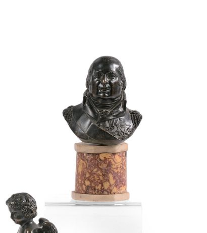null 19世纪初法国经济学家--博西奥的味道--路易十八半身像--铜质雕塑，有褐色的铜锈。- 大理石和雪花石的圆柱形底座。 - 9.5 x 9 x 6.5厘...