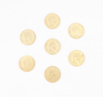 null Réunion de sept pièces de 10 francs or, Napoléon III, 1855 (x2), 1857 (x2),...