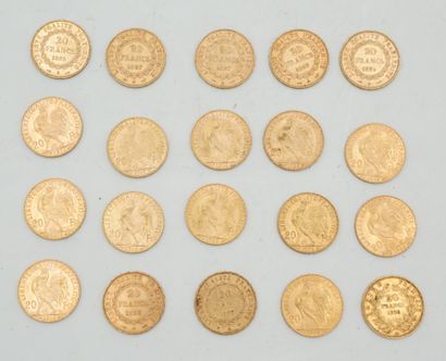 null Réunion de vingt pièces de 20 francs or : 1856, 1877, 1889, 1895, 1896, 1897...