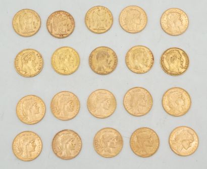 null Réunion de vingt pièces de 20 francs or : 1855, 1856, 1858, 1862, 1863, 1876,...