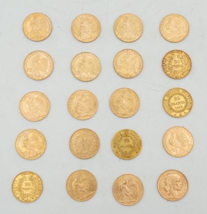 null Réunion de vingt pièces de 20 francs or : 1811, 1848, 1849, 1851, 1896, 1907,...