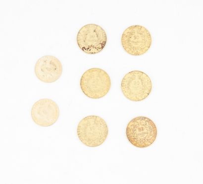 null Réunion de six pièces de 20 francs or, 1850 (x2), 1851 (x4). On y joint deux...
