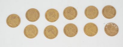 null Réunion de onze pièces de 10 francs or, 1857 (x2), 1858 (x2), 1859, 1860, 1863,...