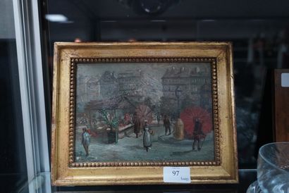 null Ecole moderne, scène de marché aux fleurs, huile sur panneau, 16 x 22 cm.
