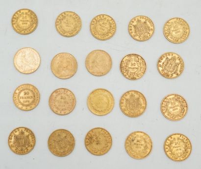 null Réunion de vingt pièces de 20 francs or : 1851 (x2), 1853, 1854 (x3), 1855 (x2),...