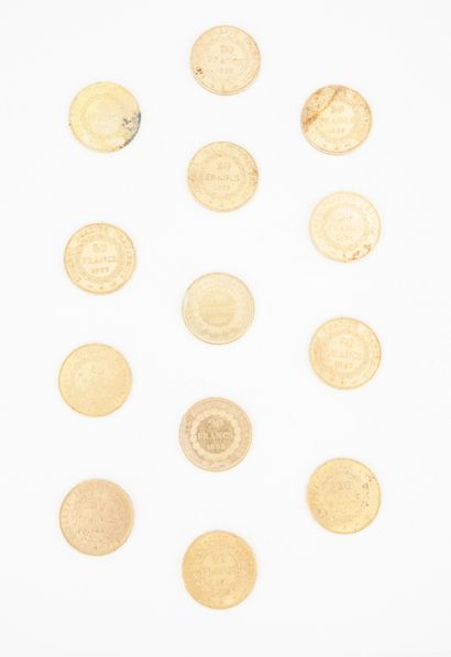 null Réunion de treize pièces de 20 francs or, 1876 (x2), 1877 (x2), 1878, 1879,...