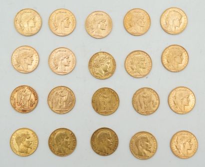 null Réunion de vingt pièces de 20 francs or : 1851, 1856, 1857 (x2), 1860, 1877,...