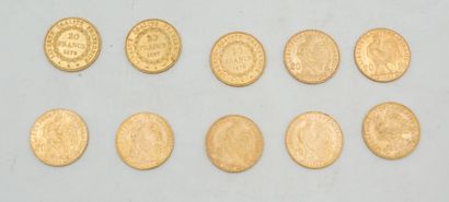 null Réunion de dix pièces de 20 francs or : 1876, 1879, 1897, 1906 (x2), 1907, 1908...